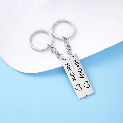Pärchen Edelstahl Stab Schlüsselanhänger Set His Only Her One Herz Gravur Silber Schlüsselring Für Valentinstag Hochzeit Geschenk