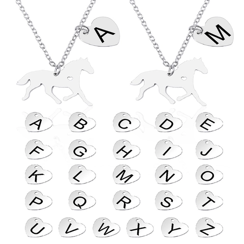 Stainless Steel Horse Silhouette Heart Initial Letter Pendant Necklace Silver Personalized A-Z Jewelry For Men Women
