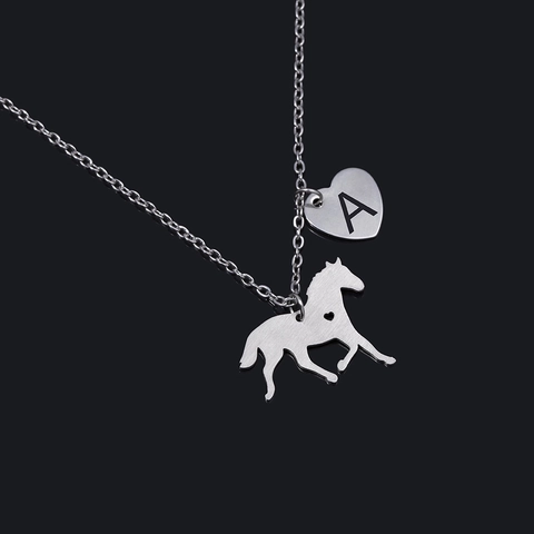 Stainless Steel Horse Silhouette Heart Initial Letter Pendant Necklace Silver Personalized A-Z Jewelry For Men Women