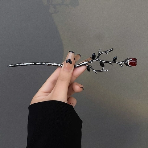 Spillone per Capelli Vintage Stile Cinese a Forma di Rosa in Lega a Ramo Gotico Rosa Rosso Scuro Accessori per Capelli Donna