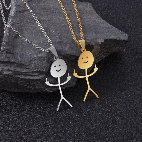 Funny Doodle Necklace Stainless Steel Middle Finger Smiley Face Stick Figure Pendant Necklace Jewelry For Women Men Gold Silver