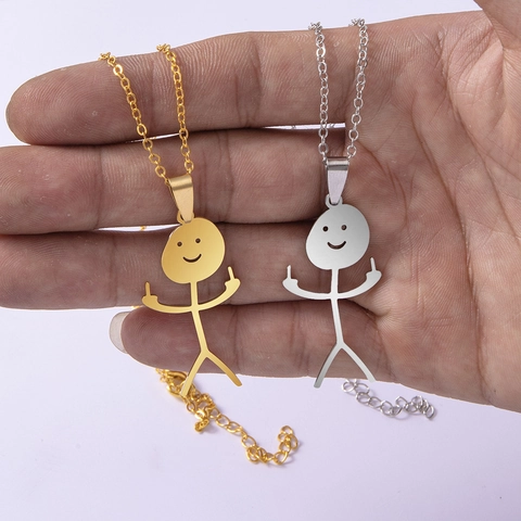 Funny Doodle Necklace Stainless Steel Middle Finger Smiley Face Stick Figure Pendant Necklace Jewelry For Women Men Gold Silver