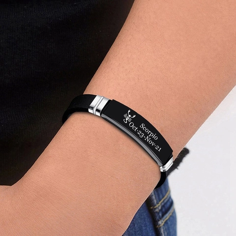 Stainless Steel Twelve Constellations Silicone Bracelet For Men Women Laser Engraved Zodiac Signs Adjustable Wristband Jewelry
