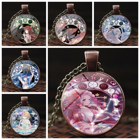Vintage Bronze Twelve Zodiac Signs Glass Cabochon Pendant Necklace For Women Girls Anime Style Constellation Jewelry Gift