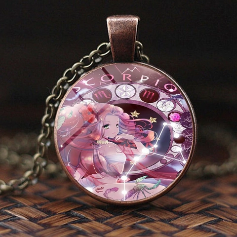 Vintage Bronze Twelve Zodiac Signs Glass Cabochon Pendant Necklace For Women Girls Anime Style Constellation Jewelry Gift