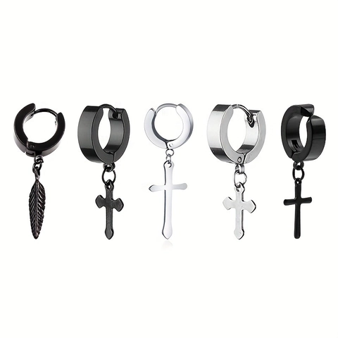Punk Titanium Steel Cross Pendant Leaf Earrings For Men Women Stainless Steel Hoop Earring Gothic Hip Hop Jewelry Black Silver