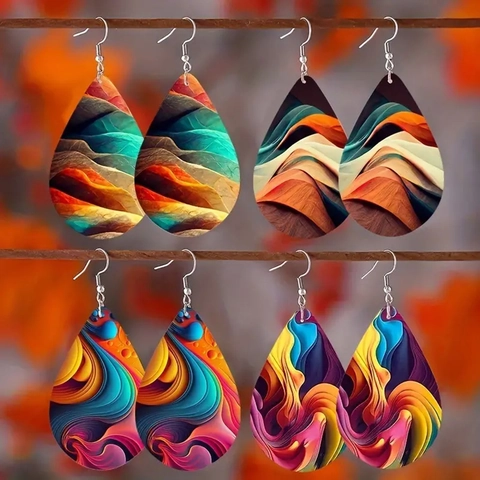Bohemian Multicolor Water Ripple Tear Drop Earrings Lightweight Leather Printed Dangle Earring Jewelry For Women Party Gift