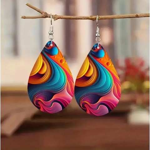 Bohemian Multicolor Water Ripple Tear Drop Earrings Lightweight Leather Printed Dangle Earring Jewelry For Women Party Gift