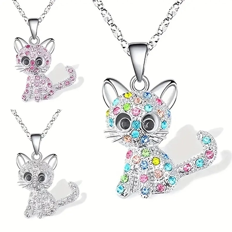 Cute Cartoon Cat Rhinestone Alloy Necklace Earrings Jewelry Set For Women Multi Color Pink White Animal Pendant Jewelry