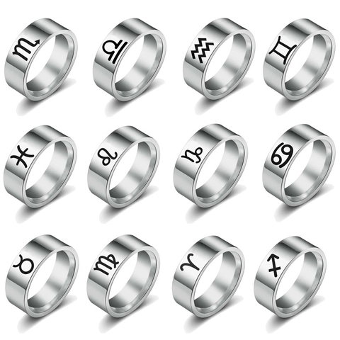 Stainless Steel Zodiac Ring For Men Women Twelve Constellations Symbols 8mm Wide Polished Band Fashion Jewelry Gift