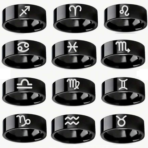 Vintage Stainless Steel Zodiac Sign Rings For Men Women Black Electroplated Minimalist Constellation Finger Band Ring Jewelry Gift