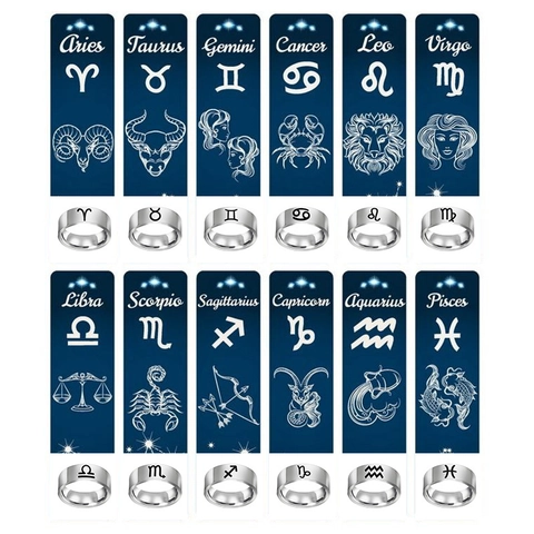 Stainless Steel Zodiac Ring For Men Women Twelve Constellations Symbols 8mm Wide Polished Band Fashion Jewelry Gift