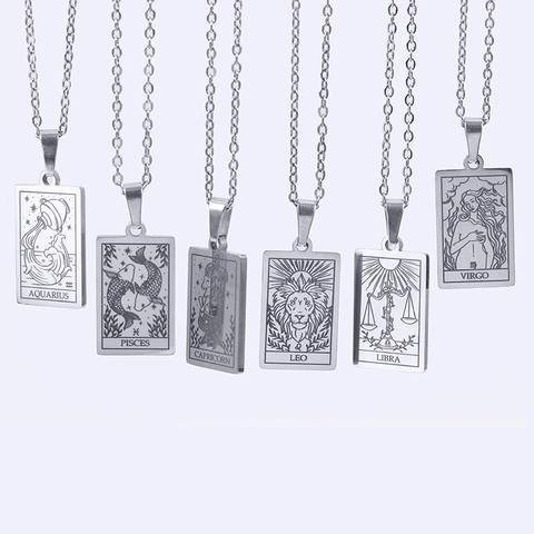 Edelstahl Sternbild Tarotkarte Anhänger Halskette Für Damen Retro 12 Sternbilder Quadratische Plakette Schmuck Zubehör