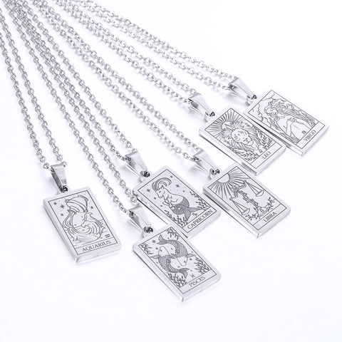 Edelstahl Sternbild Tarotkarte Anhänger Halskette Für Damen Retro 12 Sternbilder Quadratische Plakette Schmuck Zubehör