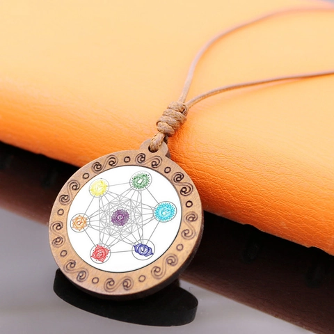 Collier Pendentif en Bois Fleur de Vie Alliage Verre Géométrie Sacrée Cube de Métatron Bijoux Vintage pour Femmes Hommes