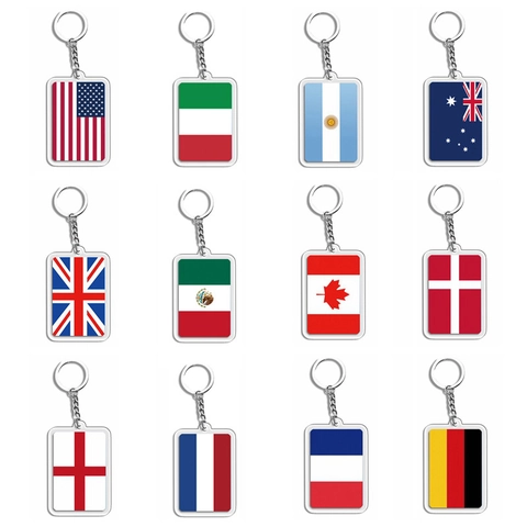 Porte-clés Rectangulaire en Acrylique Drapeau National pour Fans de Football Souvenir Sportif Pendentif Anneau Métallique