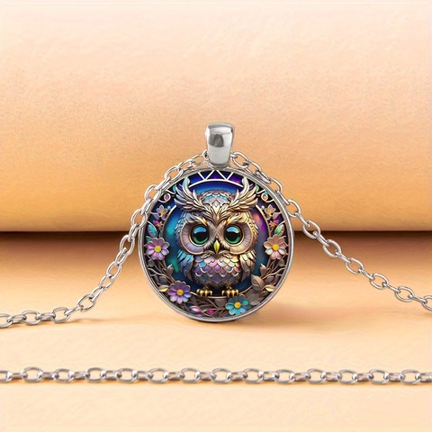 Vintage Artistic Owl Glass Gem Pendant Necklace Silver Plated Alloy Floral Pattern Fashion Jewelry For Women Daily Gift