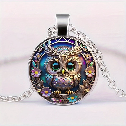 Vintage Artistic Owl Glass Gem Pendant Necklace Silver Plated Alloy Floral Pattern Fashion Jewelry For Women Daily Gift