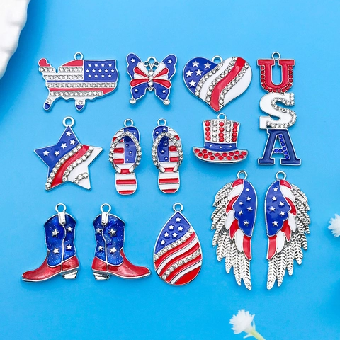 American Flag Independence Day DIY Charm Alloy Drip Oil Rhinestone Pendant Heart Star Hat Boot Jewelry Making Accessories