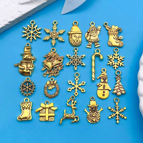 Christmas Antique Gold Alloy Pendants Snowflake Elk Santa Claus Snowman DIY Jewelry Making Charms For Handcrafted Accessories