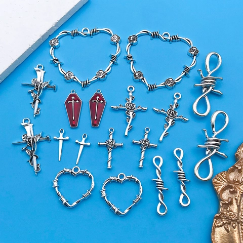 Pendentifs en Alliage de Zinc Argent Antique Rose Croix Coeur Épines pour Bricolage Collier Bracelet Gothique Accessoires