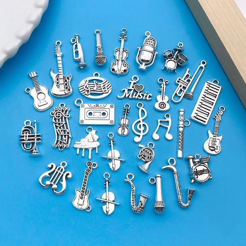 Vintage Antique Silver Music Instrument Charms Zinc Alloy Musical Note Guitar Piano Violin Pendants For DIY Jewelry Making