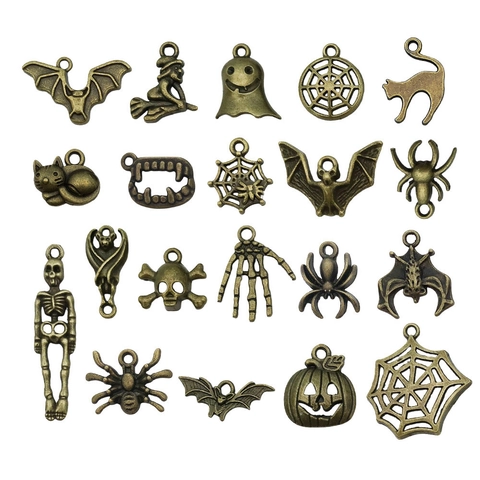 Colgantes de Halloween de Aleación de Zinc Charms Accesorios de Joyería DIY Cráneo Murciélago Araña Fantasma Calabaza Retro Pulsera Collar Llavero