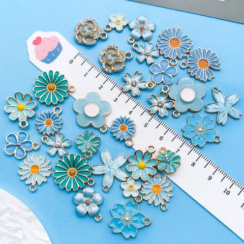Lake Blue Enamel Flower Pendants Cherry Blossom Daisy Zinc Alloy Charms With Rhinestone Artificial Pearl For DIY Jewelry Making Accessories