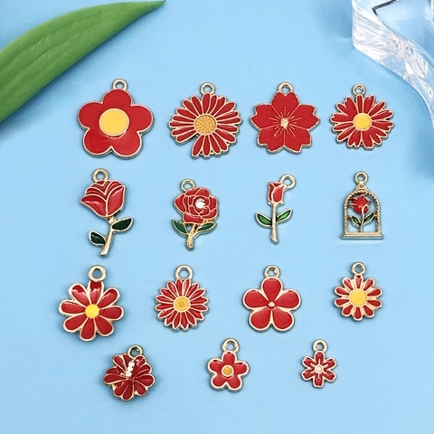 Red Enamel Flower Charms Zinc Alloy Rose Cherry Blossom Pendants Rhinestone Accents For DIY Jewelry Making Accessories