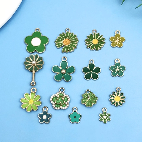 Mixed Green Flower Pendants Zinc Alloy Enamel Charms For DIY Jewelry Making Daisy Sunflower Rose Shape With Rhinestone Artificial Pearl Decoration