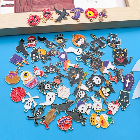 Halloween Cartoon Enamel Zinc Alloy Funny Ghost Pumpkin Bat Cat Skeleton Charms For DIY Necklace Keychain Jewelry Making Accessories