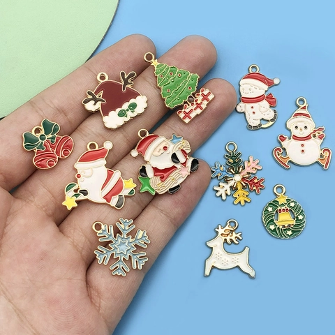 Colgantes de Aleación de Zinc Esmaltados de Dibujos Animados de Navidad Papá Noel Copo de Nieve Reno Dijes para Creación de Joyas DIY