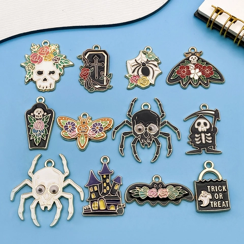 Halloween Enamel Charms Zinc Alloy Ghost Spider Skeleton Bat Castle Pendants For DIY Jewelry Making Bracelet Keychain Decor