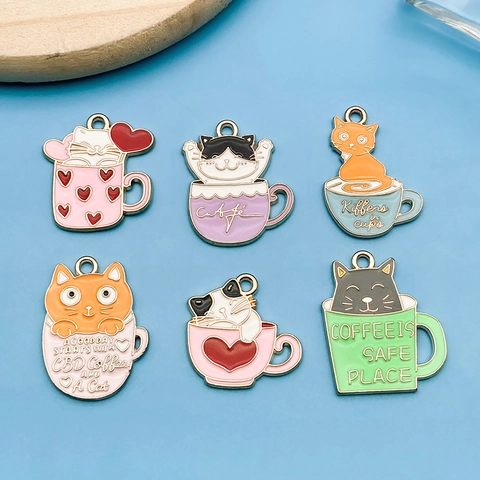 Cute Enamel Cat In Coffee Cup Charms Zinc Alloy Cartoon Animal Pendants For DIY Keychain Bracelet Necklace Jewelry Making Findings