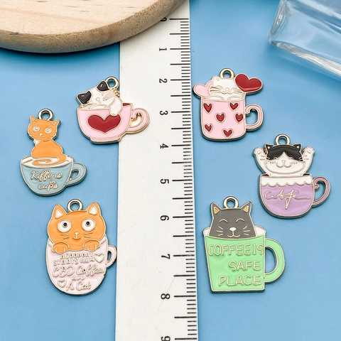 Cute Enamel Cat In Coffee Cup Charms Zinc Alloy Cartoon Animal Pendants For DIY Keychain Bracelet Necklace Jewelry Making Findings