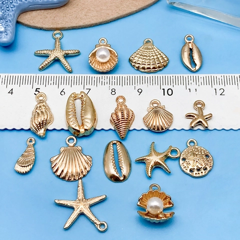 KC Gold Alloy Marine Theme Charms Starfish Shell Conch Pendants With Imitation Artificial Pearl For DIY Jewelry Making Crafts Findings