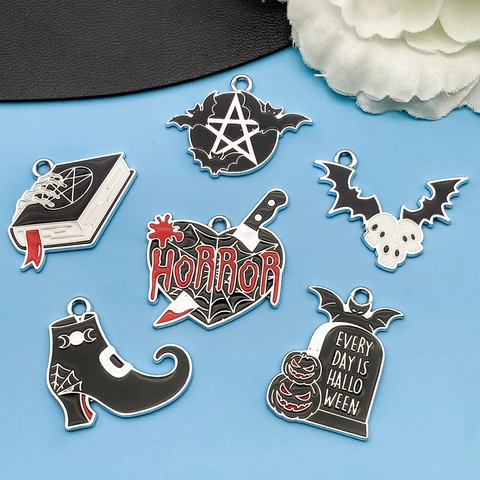 Gothic Halloween Enamel Zinc Alloy Pendants For DIY Jewelry Making Pentagram Bat Magic Book Heart Witch Shoe Charms