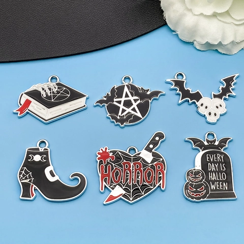 Gothic Halloween Enamel Zinc Alloy Pendants For DIY Jewelry Making Pentagram Bat Magic Book Heart Witch Shoe Charms