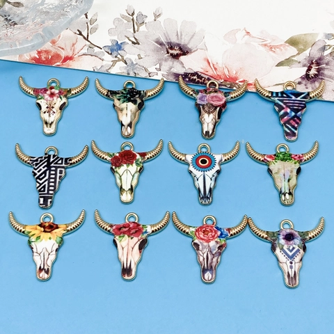 Vintage Bull Skull Enamel Pendants Zinc Alloy Floral Rose Sunflower Print DIY Jewelry Making Accessories For Halloween Decor