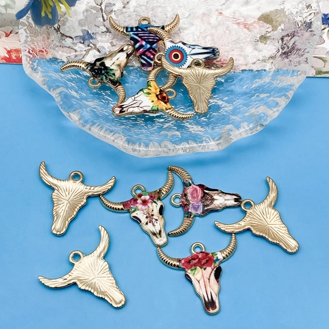 Vintage Bull Skull Enamel Pendants Zinc Alloy Floral Rose Sunflower Print DIY Jewelry Making Accessories For Halloween Decor