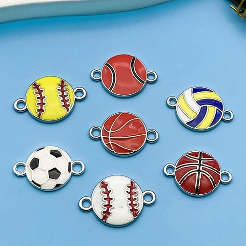 Enamel Sport Ball Alloy Connector Charms Soccer Basketball Volleyball Baseball Pendants For DIY Bracelet Keychain Jewelry Making
