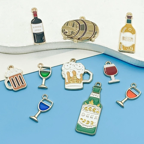 Vintage Enamel Zinc Alloy Wine Beer Bottle Pendants For Jewelry Making DIY Glass Mug Barrel Charms For Bracelet Keychain