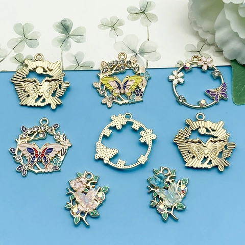 DIY Enamel Butterfly Flower Wreath Alloy Pendants Rhinestone Inlaid Jewelry Making Findings For Necklace Keychain Accessories