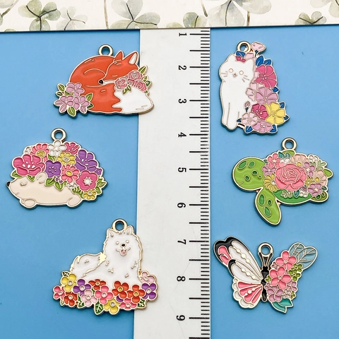 Cute Enamel Alloy Animal Flower Charms For DIY Jewelry Making Fox Butterfly Turtle Cat Dog Hedgehog Pendant Charms