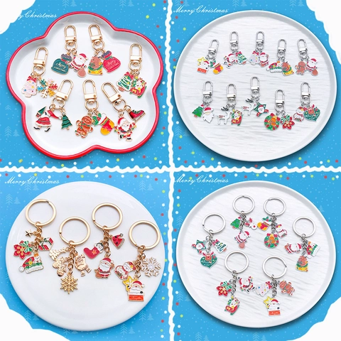 Christmas Enamel Keychain Zinc Alloy Cute Santa Claus Snowman Reindeer Christmas Tree Pendant Key Ring Holiday Gift Accessory