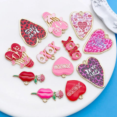 Valentijnsdag Hart Druppelolie Emaille Hangers Zinklegering Luipaardprint Love XOXO Lip Roos Bedeltjes Voor DIY Sieraden Maken