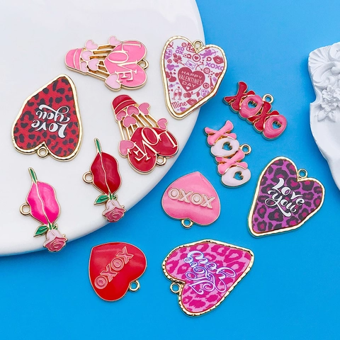 Valentijnsdag Hart Druppelolie Emaille Hangers Zinklegering Luipaardprint Love XOXO Lip Roos Bedeltjes Voor DIY Sieraden Maken