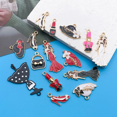 DIY Enamel Zinc Alloy Fashion Charms Set Lipstick Hat Dress High Heels Handbag Figure Pendants For Jewelry Making Supplies