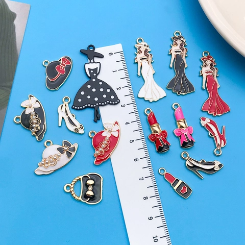 DIY Enamel Zinc Alloy Fashion Charms Set Lipstick Hat Dress High Heels Handbag Figure Pendants For Jewelry Making Supplies