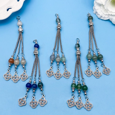 Vintage Bohemian Zinc Alloy Tassel Pendant With Celtic Knot Synthetic Stone Beaded DIY Jewelry Accessory For Necklace Women